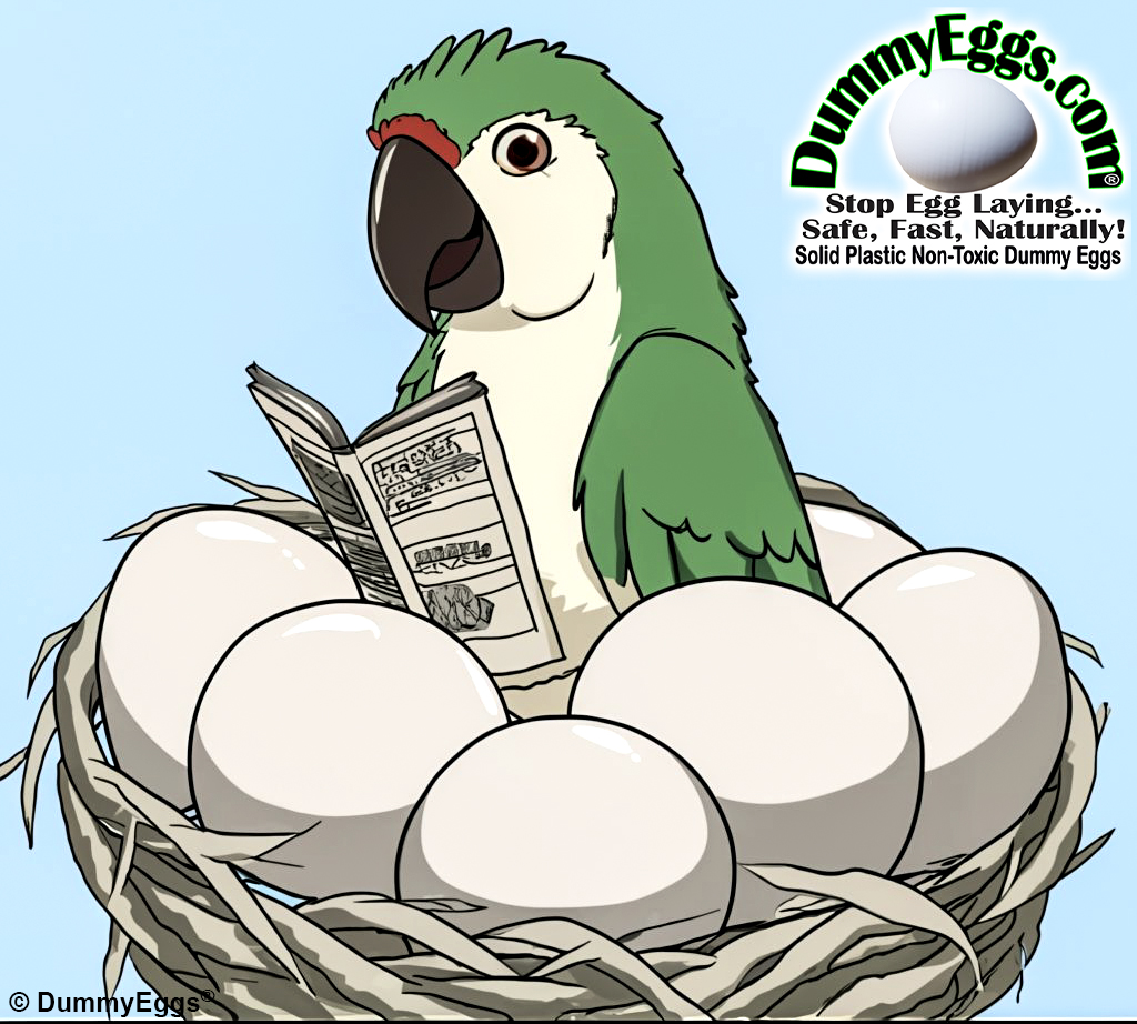 Illustration of parrot sitting in a nest of white eggs reading the directions pamphlet
